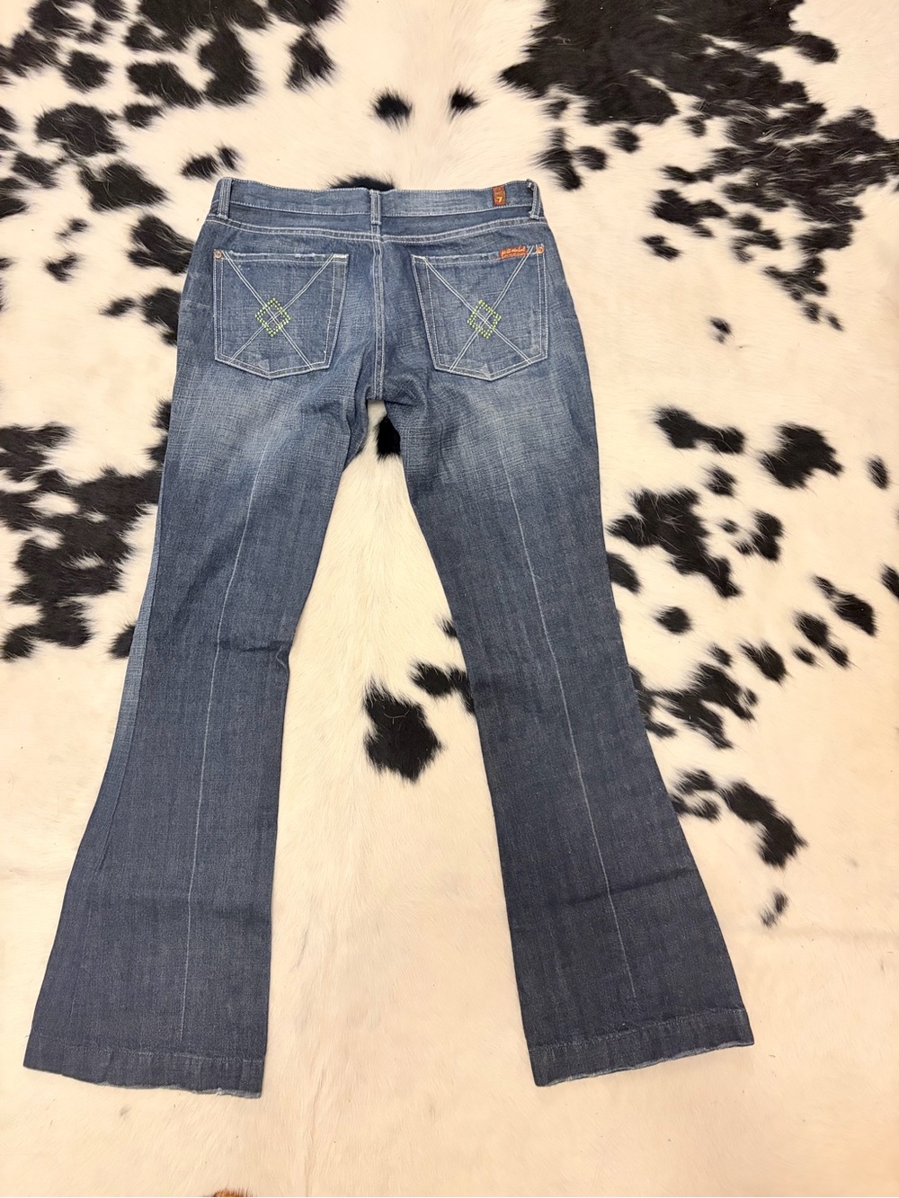 7 For All Mankind Blue Flare Jeans with Embroidered Back Pockets